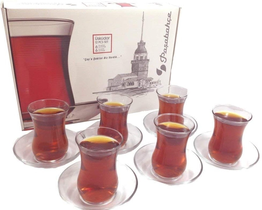 Juego de vasos y platillos turcos de té, diseño Pasabahce